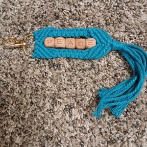 Teal Macrame Keychain with Gold Clasp And PEACE